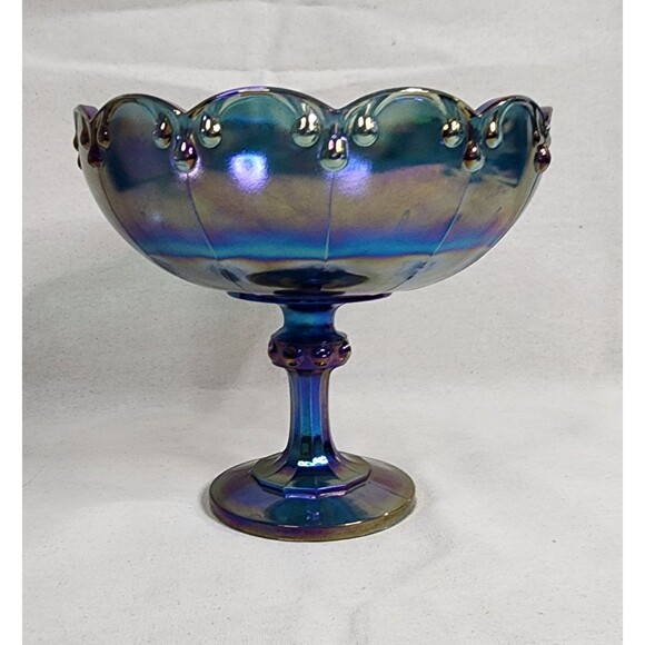 Vintage Indiana Glass Blue Carnival Glass Footed Compote – Teardrop Garland 8.5" - Picture 3 of 9